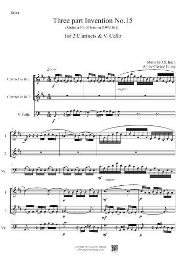 Bach 3 part Invention No.15 (Sinfonia 15 b minor BWV 801) for 2 Clarinets & V.Cello