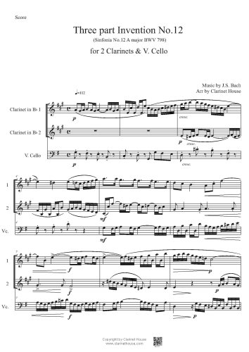 Bach 3 part Invention No.12 (Sinfonia 12 A major BWV 798) for 2 Clarinets & V.Cello
