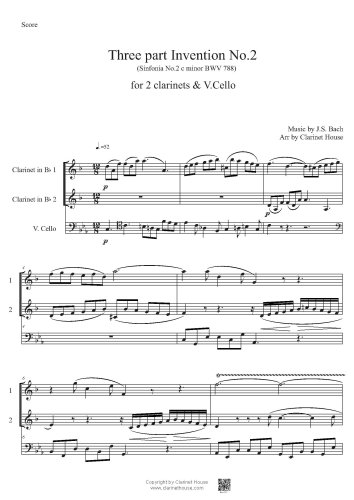 Bach 3 part Invention No.2 (Sinfonia 2 c minor BWV 788) for 2 Clarinets & V.Cello