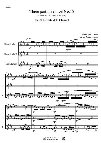 Bach 3 part Invention No.15 (Sinfonia 15 b minor BWV 801) for 2 Clarinets & B.Clarinet