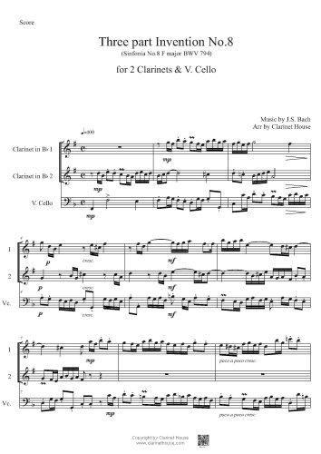 Bach 3 part Invention No.8 (Sinfonia 8 F major BWV 794) for 2 Clarinets & V.Cello