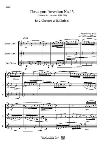 Bach 3 part Invention No.13 (Sinfonia 13 a minor BWV 799) for 2 Clarinets & B.Clarinet