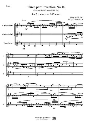 Bach 3 part Invention No.10 (Sinfonia 10 G major BWV 796) for 2 Clarinets & B.Clarinet