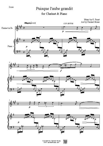 Puisque l'aube grandit - Gabriel Faure - for Clarinet and Piano