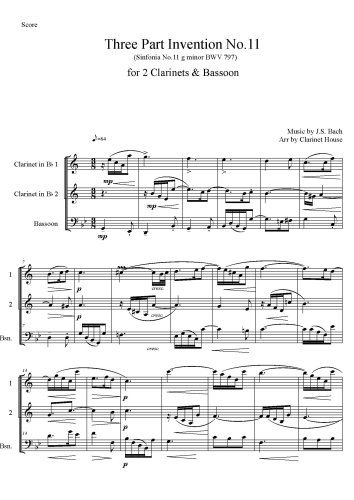 Three-Part Inventions, BWV 787-801 - No.11 in G minor, BWV 797 for 2 Clarinets & Bassoon