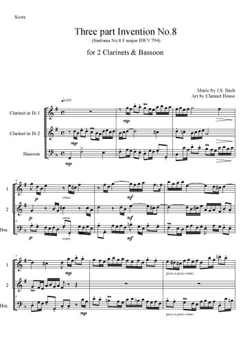 Three-Part Inventions, BWV 787-801 - No.8 in F, BWV 794 for 2 Clarinets & Bassoon