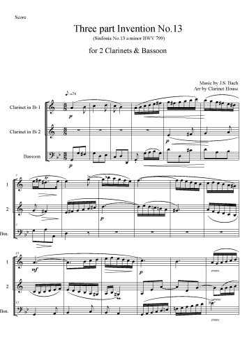 Three-Part Inventions, BWV 787-801 - No.13 in A minor, BWV 799 for 2 Clarinets & Bassoono.13 in A minor, BWV 799 for 2 Clarinets & Bassoon