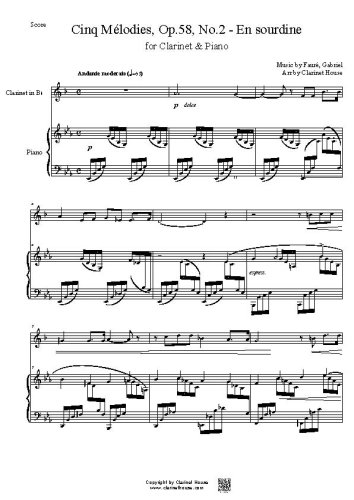 Cinq Melodies, Op.58, No.2 - En sourdine by Faure, Gabriel  for Clarinet & Piano