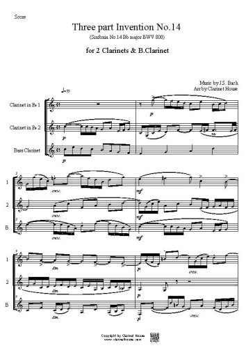 Bach 3 part Invention No.14 (Sinfonia 14 B flat major BWV 800) for 2 Clarinets & B.Clarinet