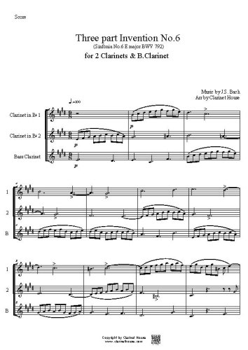 Bach 3 part Invention No.6 (Sinfonia 6 E major BWV 792) for 2 Clarinets & B.Clarinet