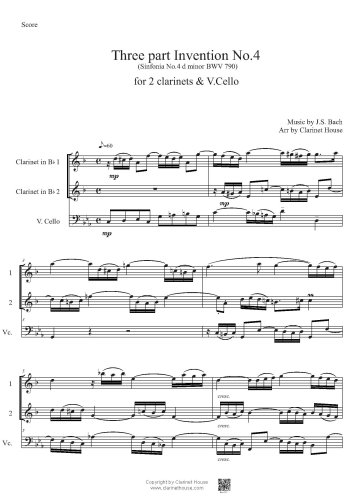 Bach 3 part Invention No.4 (Sinfonia 4 d minor BWV 790 ) for 2 Clarinets & V.Cello
