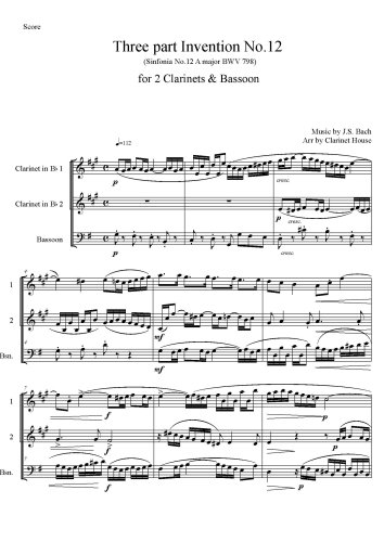 Three-Part Inventions, BWV 787-801 - No.12 in A, BWV 798 for 2 Clarinets & Bassoon 