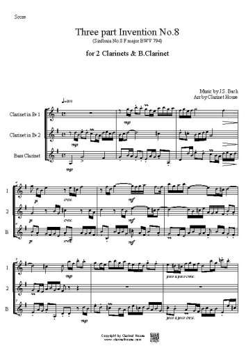 Bach 3 part Invention No.8 (Sinfonia 8 F major BWV 794) for 2 Clarinets & B.Clarinet