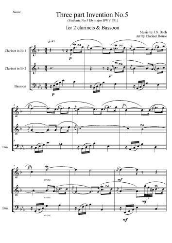 Three-Part Inventions, BWV 787-801 - No.5 in E Flat Major, BWV 791 for 2 Clarinets & Bassoon