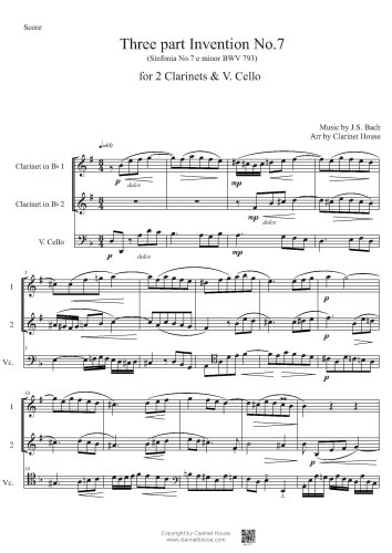 Bach 3 part Invention No.7 (Sinfonia 7 e minor BWV 793) for 2 Clarinets & V.Cello