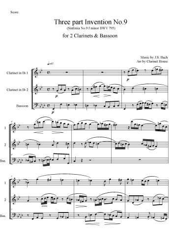 Three-Part Inventions, BWV 787-801 - No.9 in F minor, BWV 795 for 2 Clarinets & Bassoon