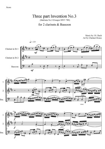 Three-Part Inventions, BWV 787-801 - No.3 in D, BWV 789 for 2 Clarinets & Bassoon