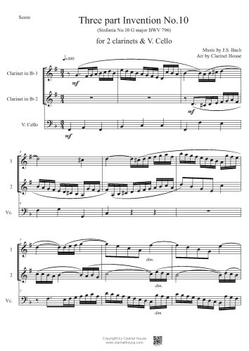 Bach 3 part Invention No.10 (Sinfonia 10 G major BWV 796) for 2 Clarinets V.Cello