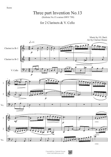 Bach 3 part Invention No.13 (Sinfonia 13 a minor BWV 799) for 2 Clarinets & V.Cello
