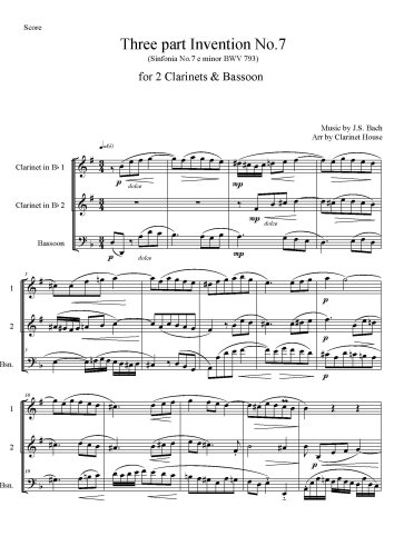 Three-Part Inventions, BWV 787-801 - No.7 in E minor, BWV 793 for 2 Clarinets & Bassoon