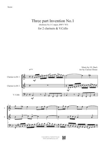 Bach 3 part Invention No.1-15 (Sinfonia 1-15) for 2 Clarinets & V.Cello