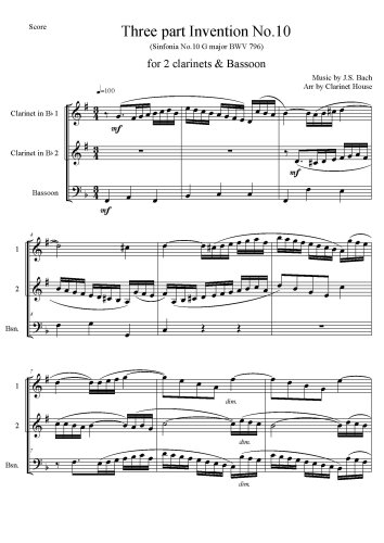 Three-Part Inventions, BWV 787-801 - No.10 in G, BWV 796 for 2 Clarinets & Bassoon