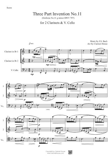 Bach 3 part Invention No.11 (Sinfonia 11 g minor BWV 797) for 2 Clarinets & V.Cello