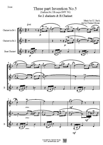 Bach 3 part Invention No.5 (Sinfonia 5 E flat major BWV 791) for 2 Clarinets & B.Clarinet