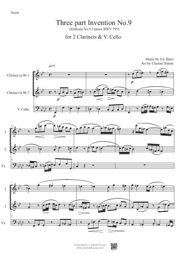 Bach 3 part Invention No.9 )Sinfonia 9 f minor BWV 795) for 2 Clarinets & V.Cello