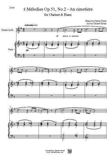 4 Melodies Op.51, No.2 - Au cimetiere by Faure Gabriel for Clarinet & Piano