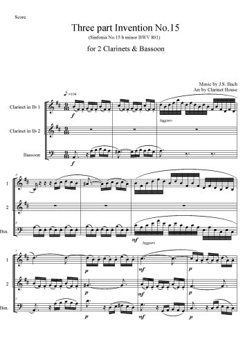 Bach: Three-Part Inventions, BWV 787-801 - No.15 in B minor, BWV 801 for 2 Clarinets & Bassoon