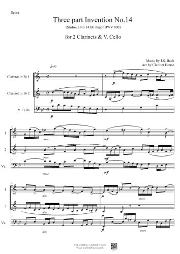 Bach 3 part Invention No.14 (Sinfonia 14 B flat major BWV 800) for 2 Clarinets & V.Cello