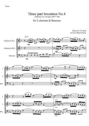 Three-Part Inventions, BWV 787-801 - No.4 in D minor, BWV 790 for 2 Clarinets & Bassoon